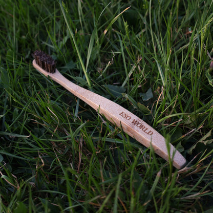Angled shot of the ESO World bamboo toothbrush resting naturally in grass, highlighting its clean ergonomic design and engraved branding. The toothbrush is handcrafted from smooth, biodegradable bamboo and fitted with dense horsehair bristles—offering a fully natural, glue-free, and plastic-free alternative to conventional toothbrushes. This image evokes a quiet, grounded aesthetic that reinforces values of purity, tradition, and intentional living. Ideal for search terms like “natural horsehair toothbrush 