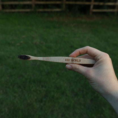 Outdoor image of a hand holding a horsehair bamboo toothbrush horizontally, displaying the engraved ESO WORLD branding on its handle. The toothbrush is crafted from untreated bamboo with dark horsehair bristles, completely biodegradable and free from plastic or glue. This photo emphasizes the tactile, ergonomic quality of the brush and showcases it in use, making it ideal for ecommerce listings, lifestyle product blogs, or Google Image Search terms like “wooden toothbrush in hand,” “handmade eco toothbrush,