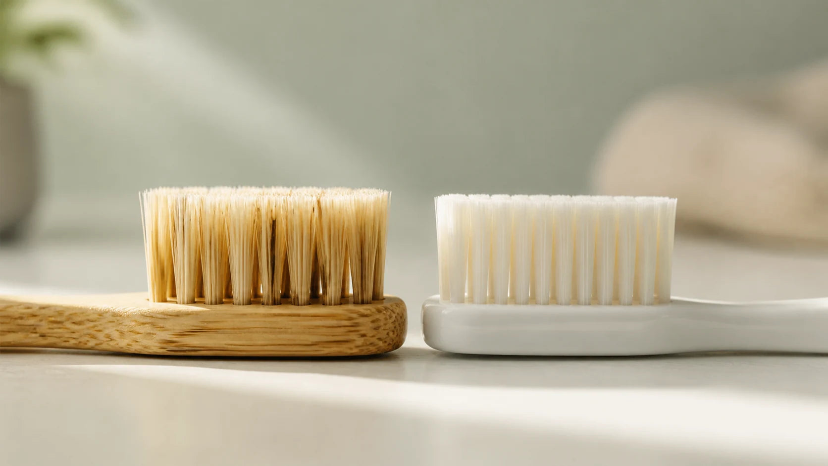 Boar-bristle bamboo toothbrush beside a white nylon-bristle toothbrush in close-up