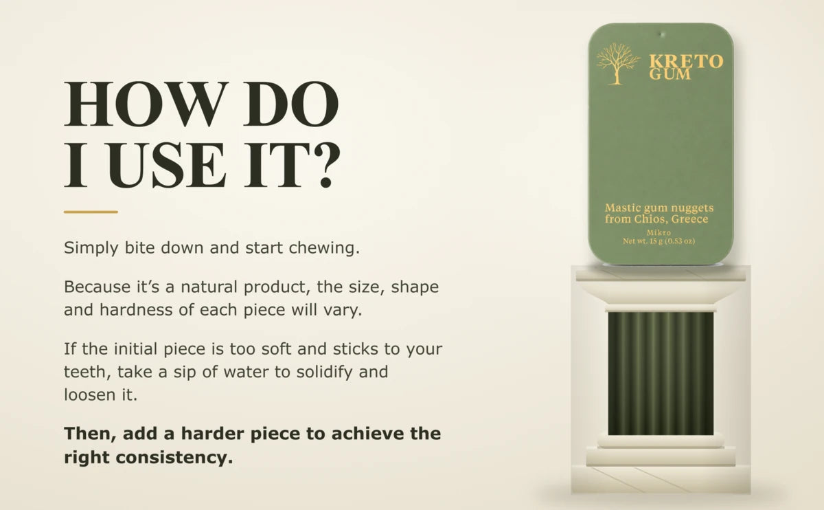How do I use it? — Kreto Gum usage instructions. Bite down and start chewing; if a piece is too soft and sticks, sip water and add a harder piece.