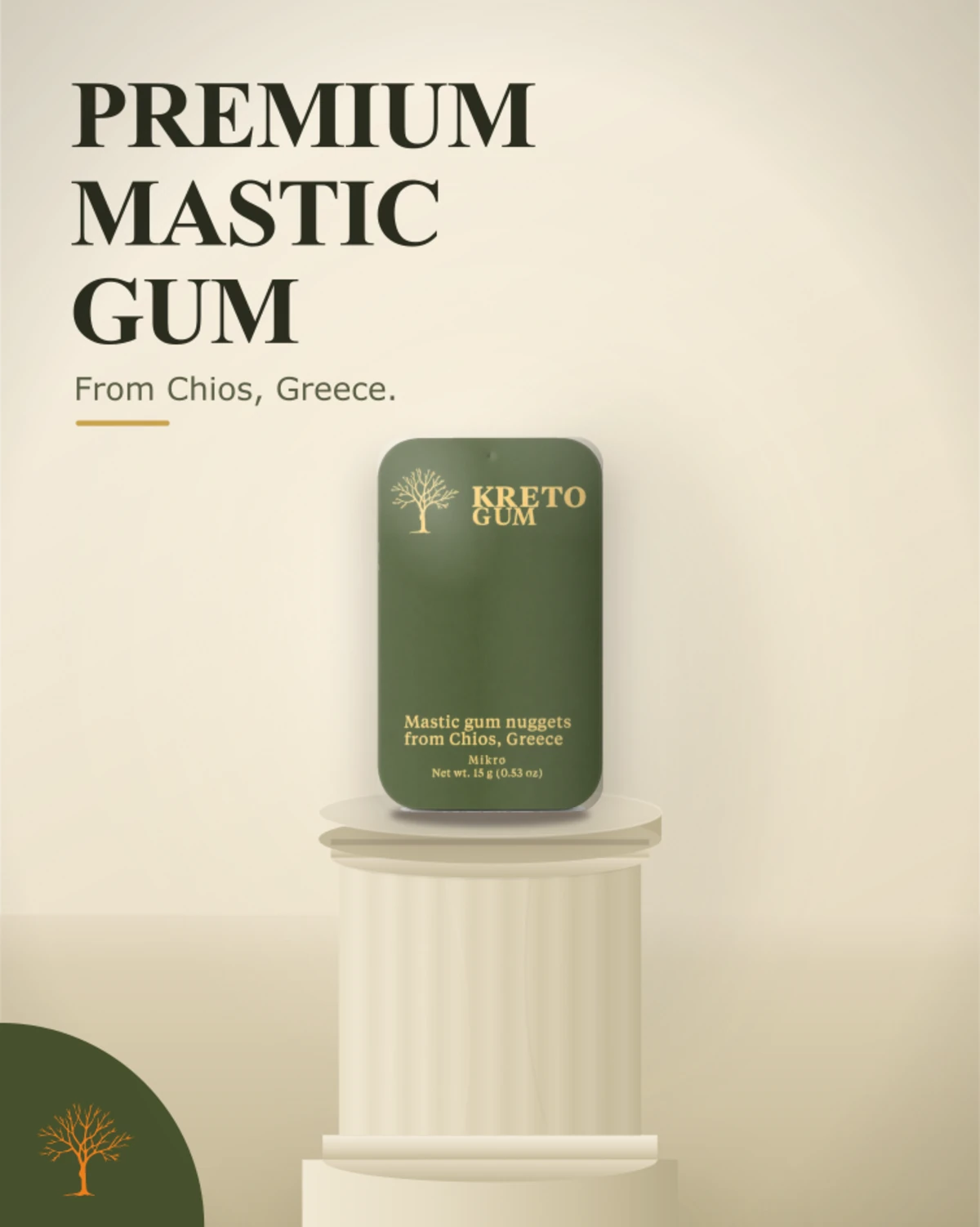 Premium Mastic Gum from Chios, Greece — Kreto Gum tin on a Greek column.