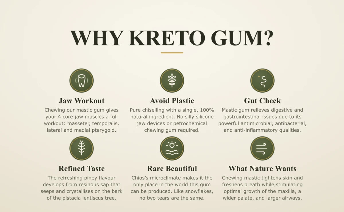 Why Kreto Gum? — six benefits: Jaw Workout, Avoid Plastic, Gut Check, Refined Taste, Rare Beautiful, What Nature Wants.